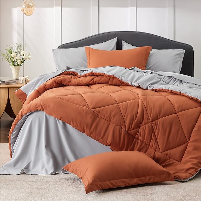 Bedsure Twin XL Comforter Set - 5 Pieces Reversible Burnt Orange Bedding, Twin XL Size Bed Set for All Seasons, Bed in a Bag with Down Alternative Comforter, Sheets, Pillowcase & Sham