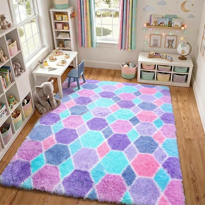 Checkered 6x9 Area Rugs for Living Room, Fluffy Purple Rainbow Girls Rug | Soft - Image 8