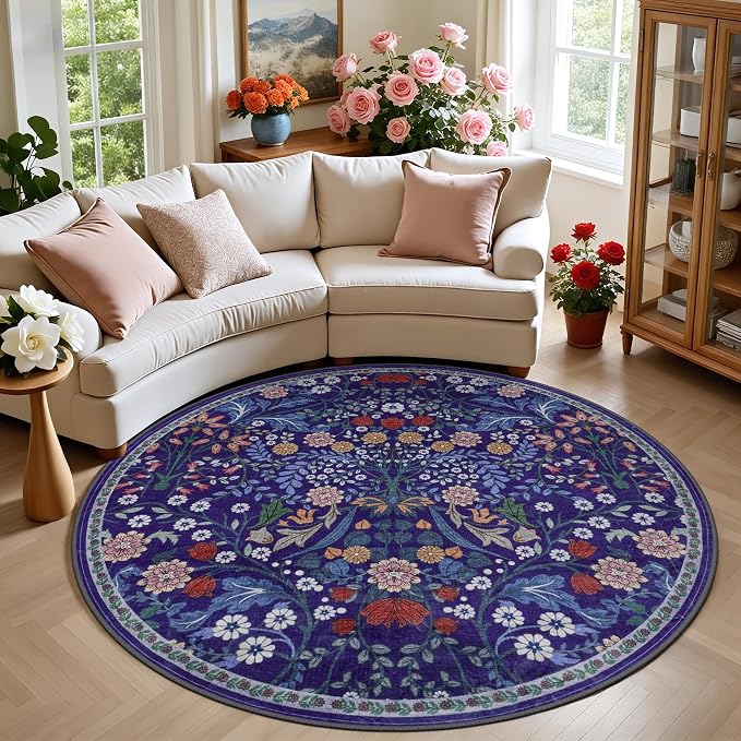 PLHXFR Round Area Rug Living Room: 6 ft Floral Washable Soft Carpet Blue | by PLHXFRSoftAreaRugs