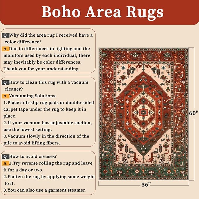 SERISSA Area Rug 3x5 Boho Rugs for Bedroom, Washable Non-Slip Living Room Rug - Image 2
