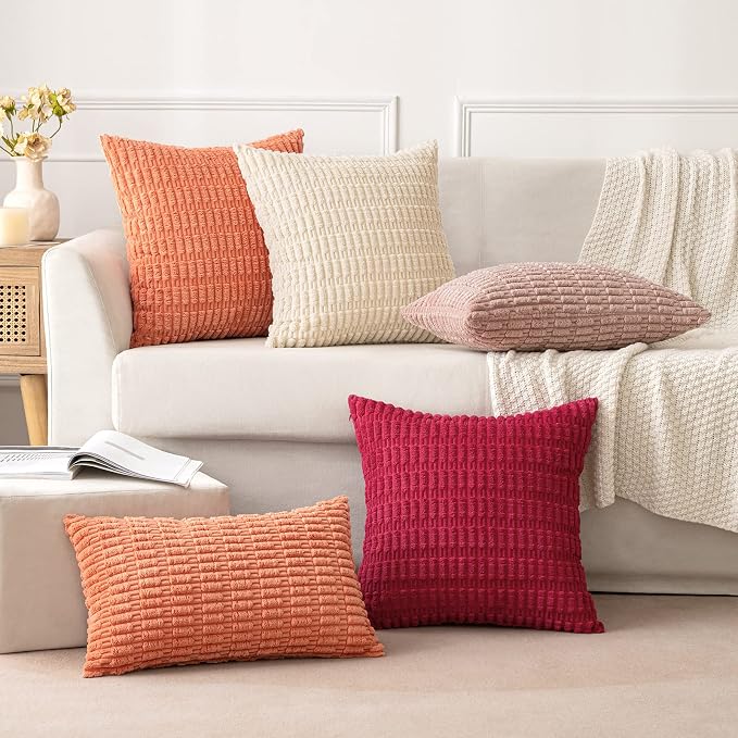 MIULEE Corduroy Decorative Throw Pillow Covers 20x20 Coral Pack of 2 | Soft - Image 3