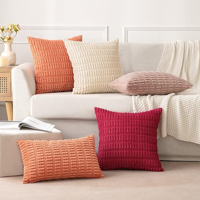 MIULEE Corduroy Decorative Throw Pillow Covers 18x18 Coral Pack of 2 | Soft - Image 3