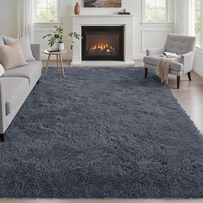 Area Rug Living Room Bedroom: 4x6 Fluffy Plush Shag Carpet Grey | by Luxturiy