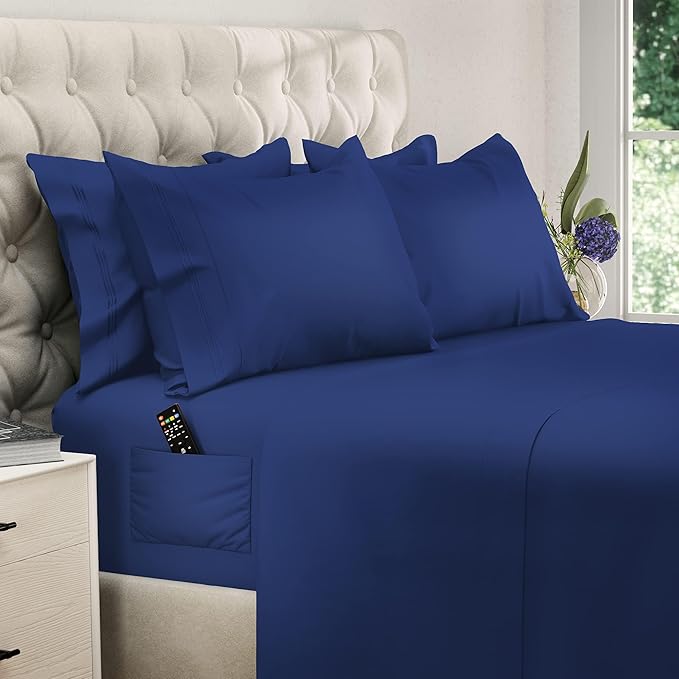 DREAMCARE Sheets Full Size Bed - Cooling Bed Sheets - 6pcs Set - Full Sheet Set - Full Size Sheets - Full Size Sheet Sets Soft & Long Lasting 100% Fine Brushed Polyester with Side Pocket - Navy Blue