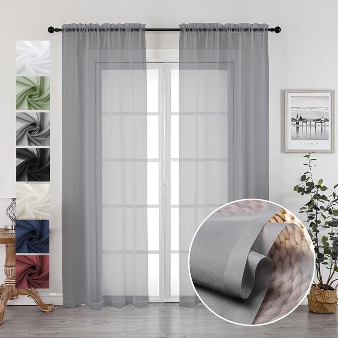 2 Panels Sheer Charcoal Grey Curtains 72 Inches Length Window Treatment by OVZME