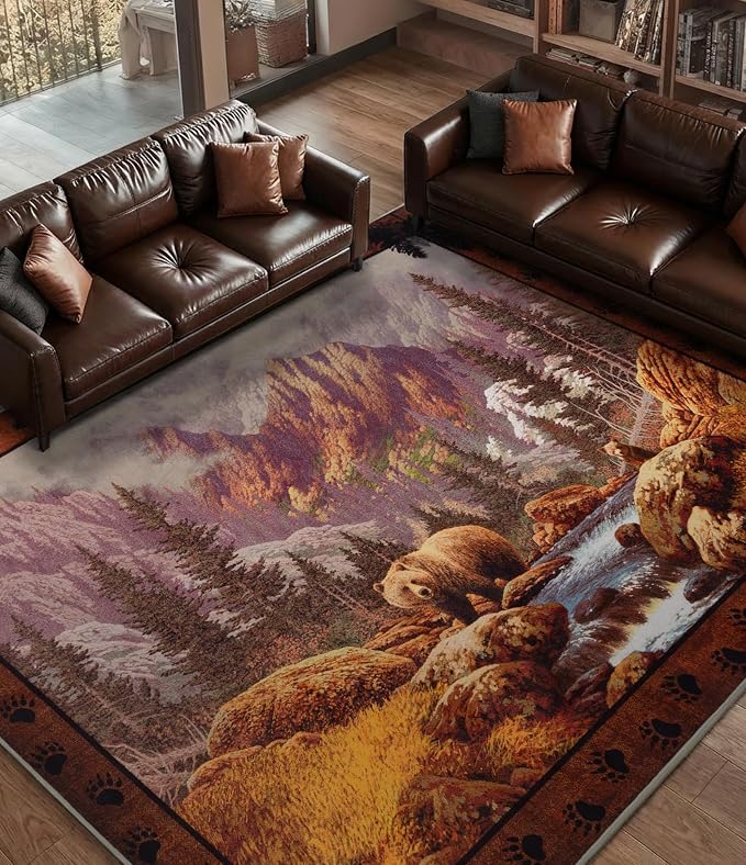 Rustic Cabin Area Rug for Bedroom 5x7, Machine Washable Woodland Bear Rug - Image 8