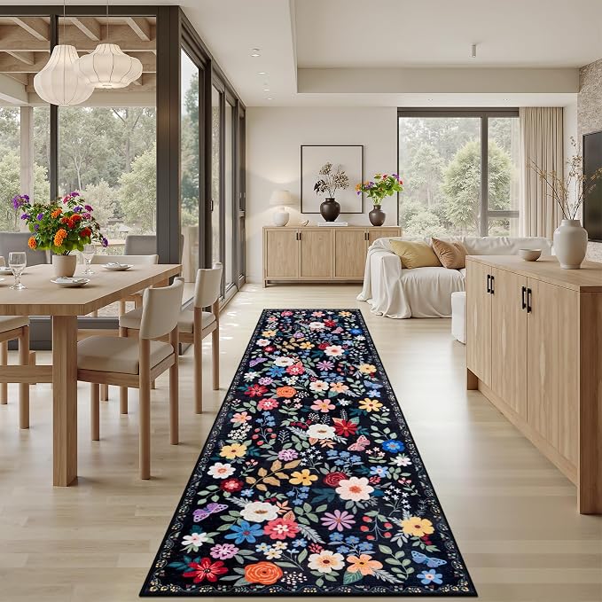 PLHXFR 2.6x10 Washable Runner Rug：Floral Indoor Kitchen Soft Carpet Black | - Image 4