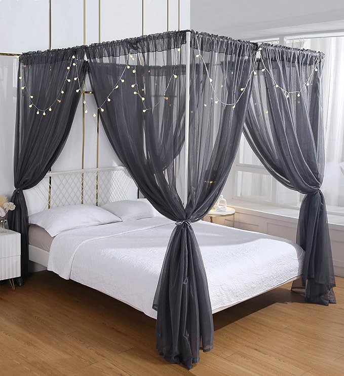 Akiky Canopy Bed Curtains Bed Canopy for Girls Room Elegant Sheer Curtain for Twin Full Queen Size Bed Drapes,8 Panels Canopies with Light,Room Décor(Full/Queen, Gray Canopy)