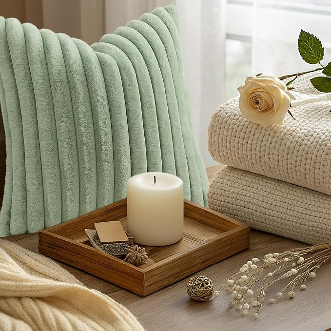 decorUhome Fall Faux Fur Throw Pillow Covers 24x24 Set of 2 Sage Green | - Image 9