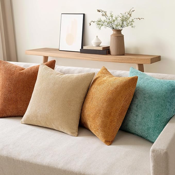 MIULEE Soft Decorative Chenille Fall Pillow Covers Beige Orange Teal 20x20 | - Image 3