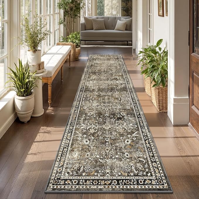 Yamaziot 2x8 Washable Hallway Runner Rug Non Slip Floral Carpet, Tan | Soft by Yamaziot