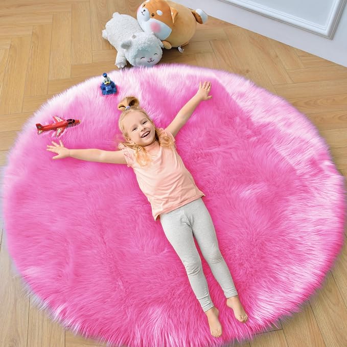 duduta Hot Pink Faux Fur Sheepskin Round Rug 4x4 ft, Fluffy Shag Circle Rug | by duduta