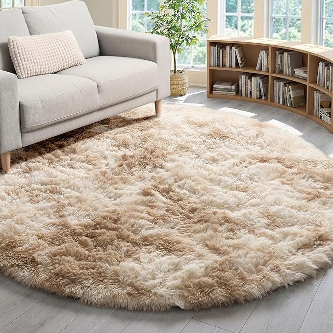 Tie-Dye Beige Round Area Rug 4ft, Soft Bedroom Circle Rugs Floor Mats by ONASAR