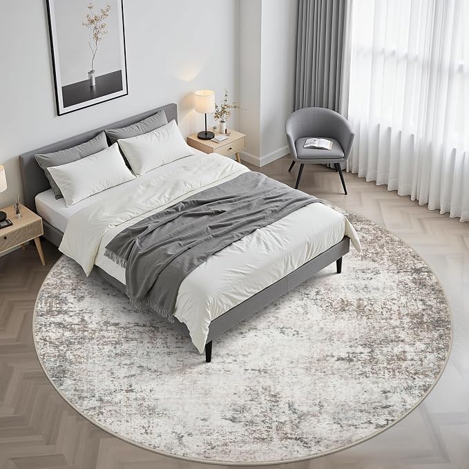 Round Area Rug Living Room: 6 ft Modern Washable Carpet Brown | - Image 2
