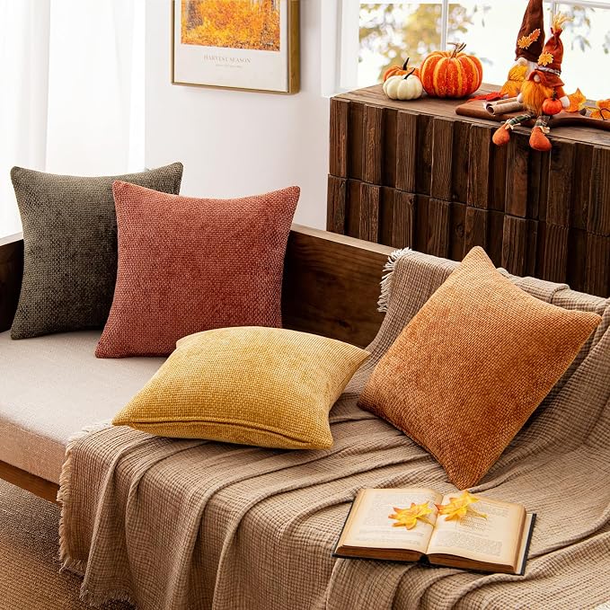MIULEE Decorative Chenille Fall Pillow Covers Orange Brown 18x18 Pack of 4 | - Image 3