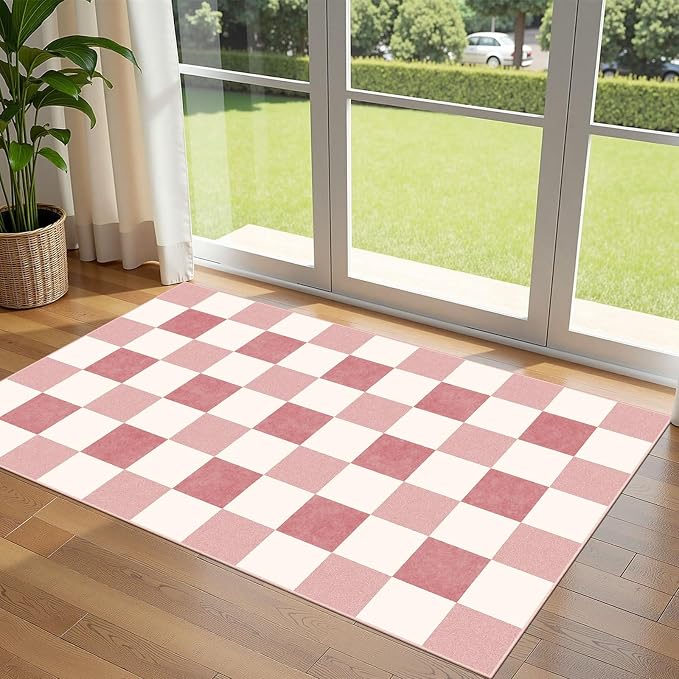 Pink White Checkered Entry Rug by Othilic