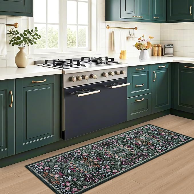 PLHXFR 2.6x8 Washable Runner Rug：Floral Indoor Kitchen Carpet Dark Green | - Image 6