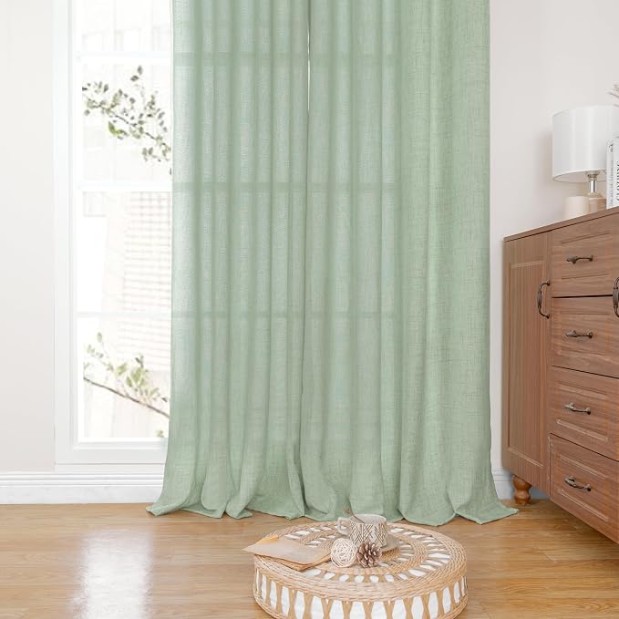 YoungsTex Sage Green Curtains, Linen Semi Sheer Drapes 84 Inch Long 2 Panel | - Image 7