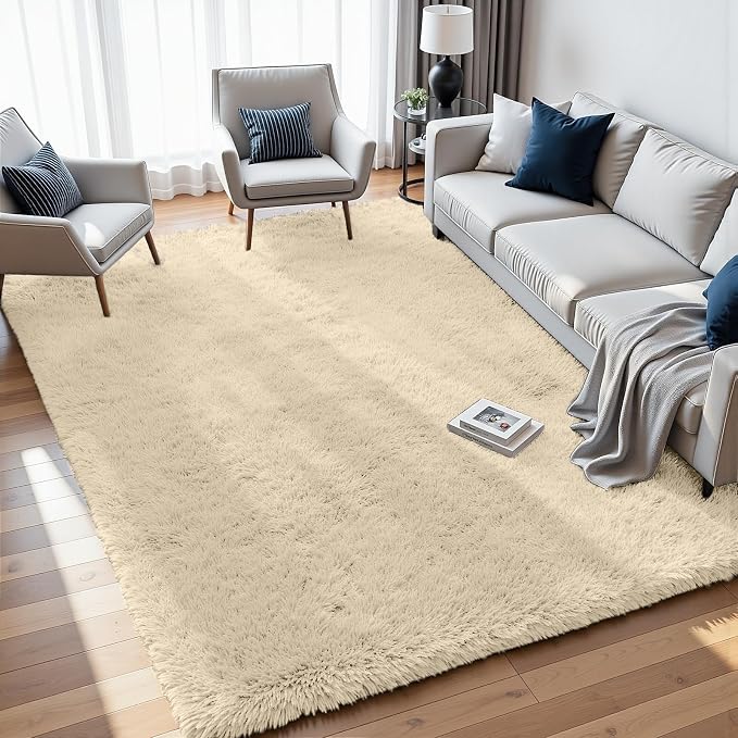 5x8 Fluffy Shag Area Rugs for Living Room Bedroom: Soft Plush Carpet Beige | - Image 2