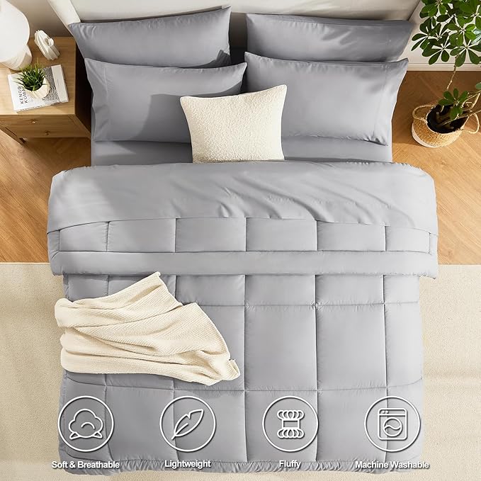 CozyLux King Size Comforter Set Grey, 7 Pieces Bed in a Bag, Gray Comforter King Size, All Season Bedding Sets with Stitch Quilted Comforter, Flat Sheet, Fitted Sheet, Pillowcases