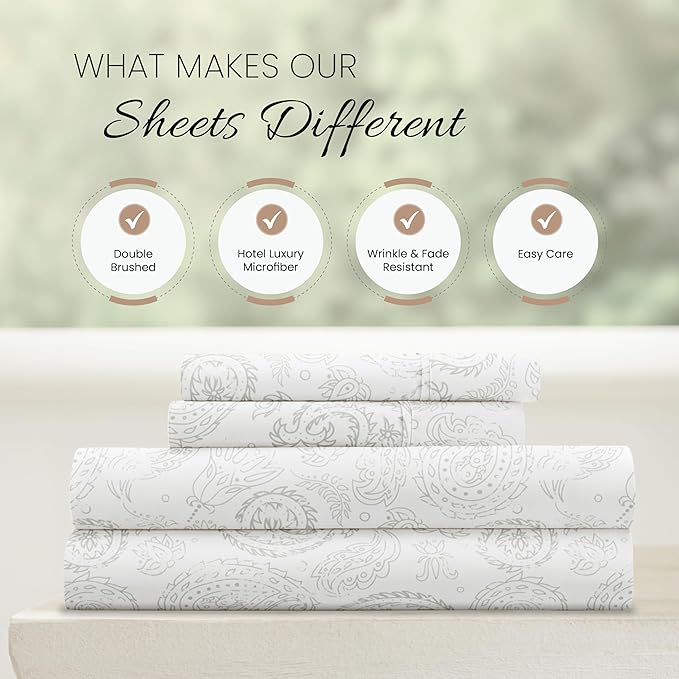 Linen Market Double-Brushed Patterned Microfiber Queen Sheet Set 4 Piece – Oeko-TEX Certified Ultra Soft & Wrinkle-Free - 16" Deep Pocket Sheets - Easy Care Queen Size - Coarse Paisley Light Gray