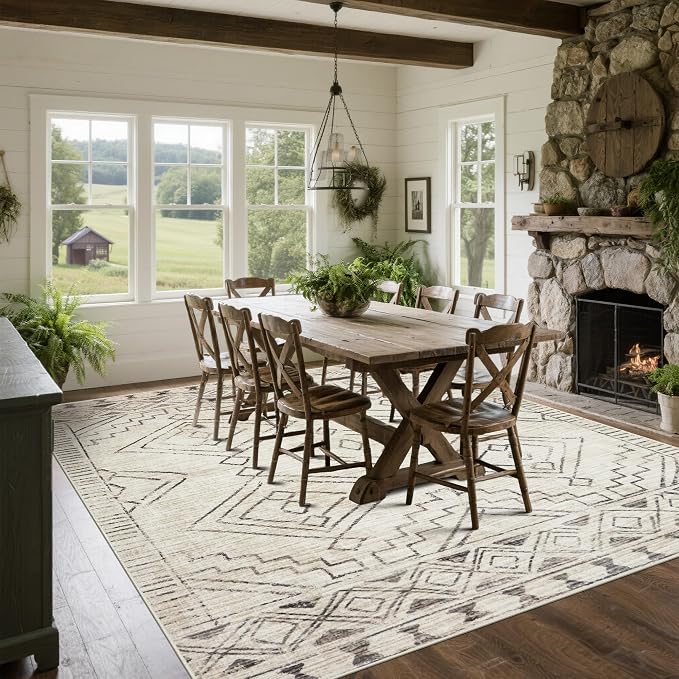 8x10 Washable Area Rugs for Living Room, Dining Room- Morocco Beige | Boho - Image 8