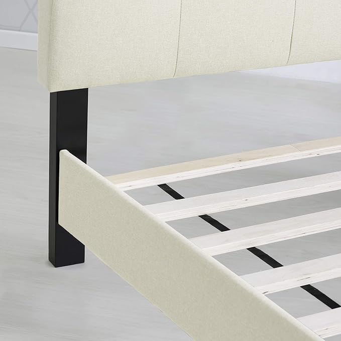 Furinno Laval Double Row Nail Head Upholstered Platform Bed Frame, King, Linen