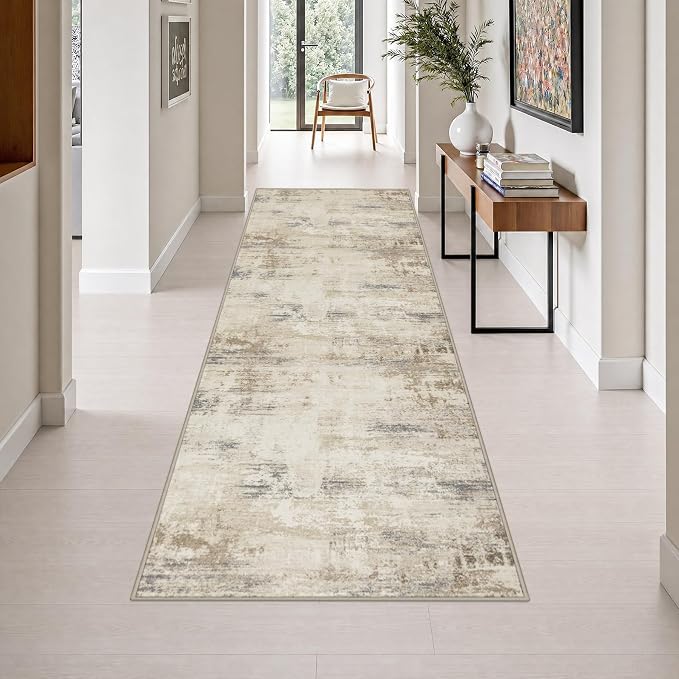 3x10 Washable Runner Rug：Modern Abstract Soft Carpet Beige Brown | by FXRHLP