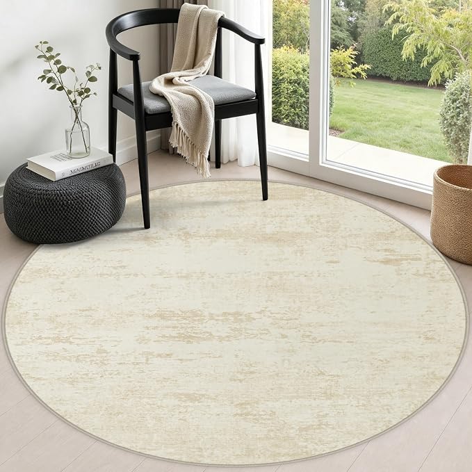 Round Area Rug Living Room: 4 ft Modern Washable Carpet Taupe | by FXRHLP