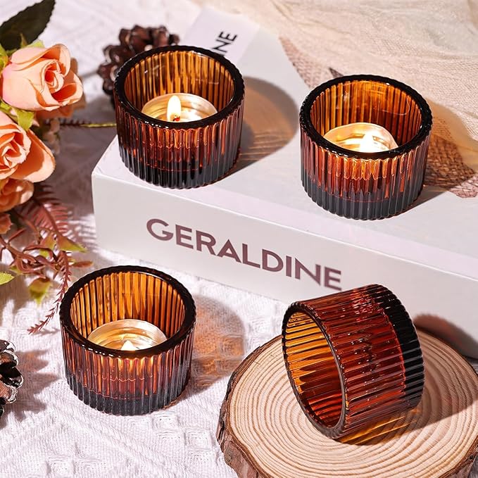 18 pcs Amber Tealight Candle Holders with 18PCS Tealights, Glass Votive Candle Holders Set for Table Centerpiece, Home Decor and Party Supplies