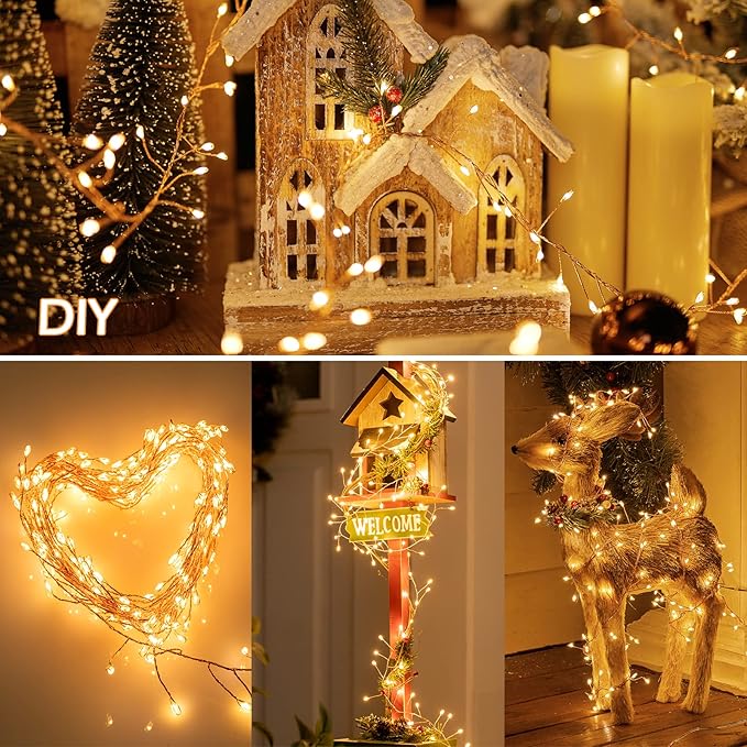 Minetom Fairy Lights Plug in, 23Ft 400LED Firecracker Firefly Lights with Remote, Waterproof Copper Wire Cluster String Lights for Ceiling Bedroom Window Christmas Tree Decoration, Warm White
