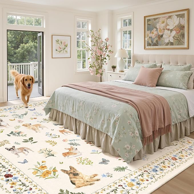 Soalmost Dog 8x10 Area Rugs for Living Room, Washable Animal Soft Rug Beige | - Image 3