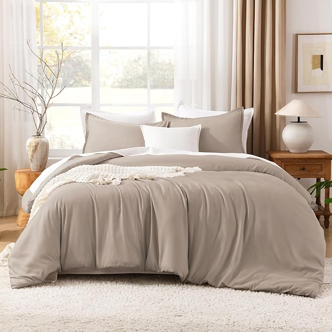Litanika Light Coffee Comforters Oversized King Size, 3 Pieces Lightweight Solid Bedding Comforter Set, All Season Fluffy Bed Set (120x98In Comforter & 2 Pillowcases)
