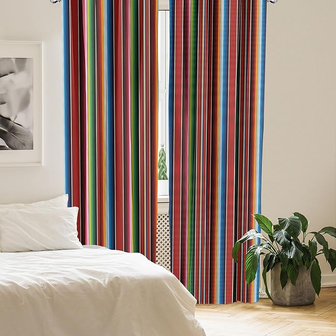 Ambesonne Cinco de Mayo Curtains, Mexican Serape Colorful Stripes Vertical Lines Latino Illustration, Window Treatments 2 Panel Set for Living Room Bedroom Decor, Pair of - 28" x 84", Burgundy Blue