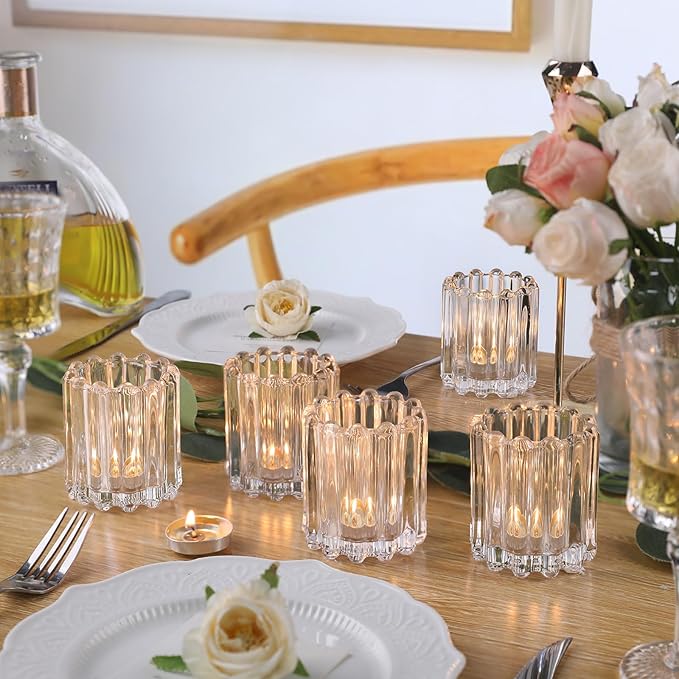 Glass Clear Votive Candle Holder, Ribbed Votive Candle Holders Set of 6, Tealight Candle Holder for Wedding Centerpieces Dinner Party Table Decor
