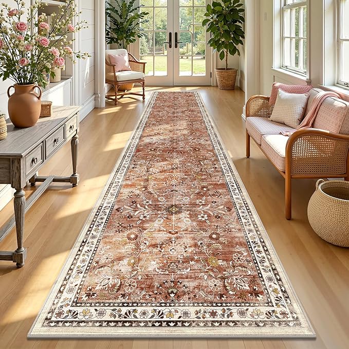 Yamaziot 2x10 Washable Hallway Runner Rug Non Slip Floral Carpet, Brick-red | by Yamaziot