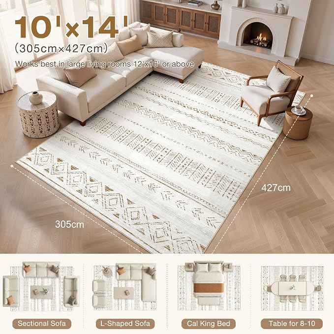 cotiled Boho 10x14 Area Rug for Living Room: Large Moroccan Washable Rug | - Image 8