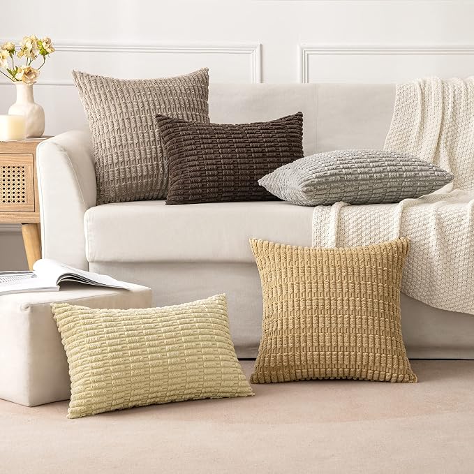 MIULEE Corduroy Decorative Throw Pillow Covers 18x18 Beige Pack of 2 | Soft - Image 2