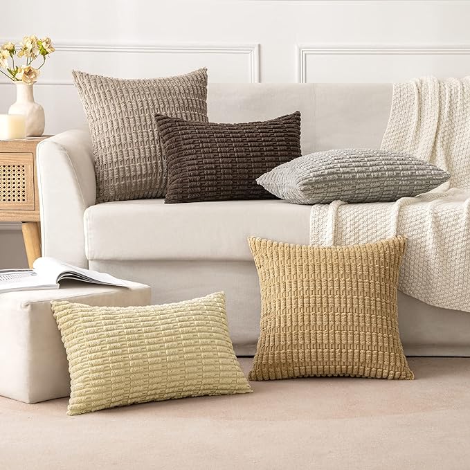 MIULEE Corduroy Decorative Throw Pillow Covers 20x20 Beige Pack of 2 | Soft - Image 3