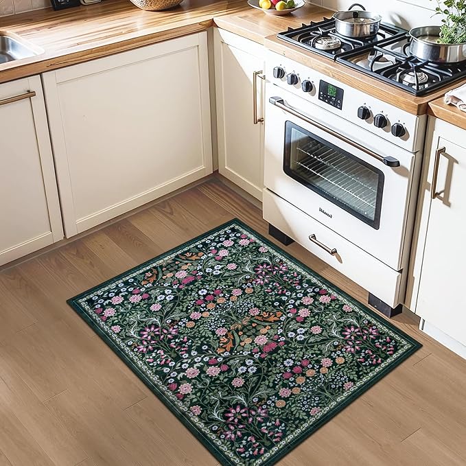 PLHXFR 2x3 Small Entryway Rug: Floral Washable Indoor Carpet Dark Green | - Image 4