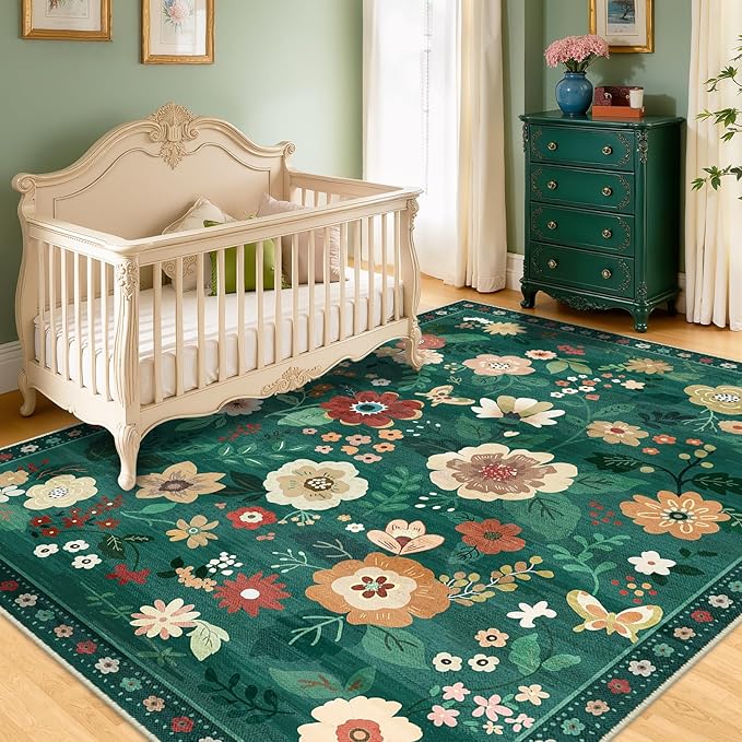 RELEANY Floral Washable 8x10 Area Rugs DarkGreen | Flower Carpet Print Boho - Image 9