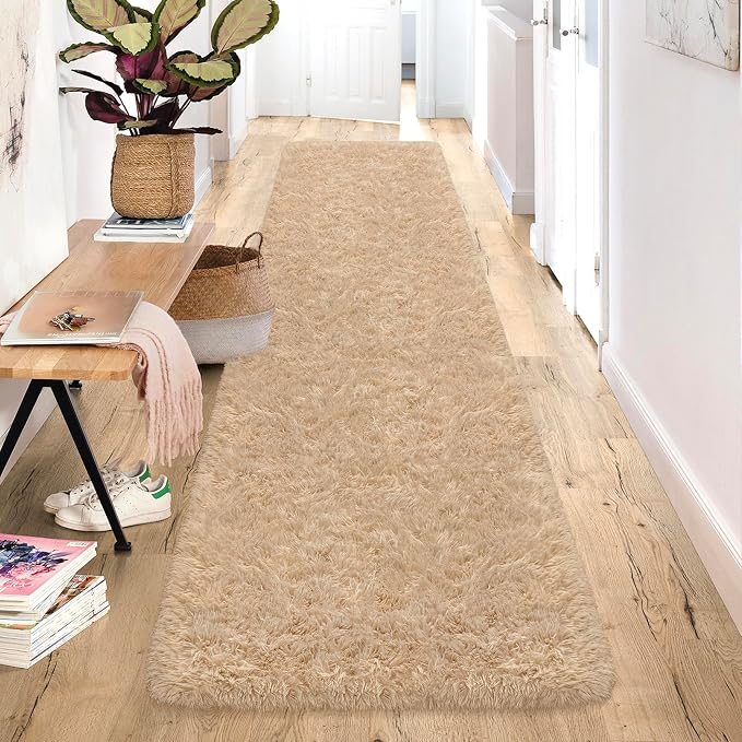 2x10 Bedside Area Rugs for Bedroom Soft Fluffy Shag Beige Rug for Hallway - Image 2