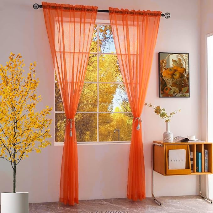 SpaceDresser Basic Rod Pocket Sheer Voile Window Curtain Panels Jaffa Orange 1 - Image 2