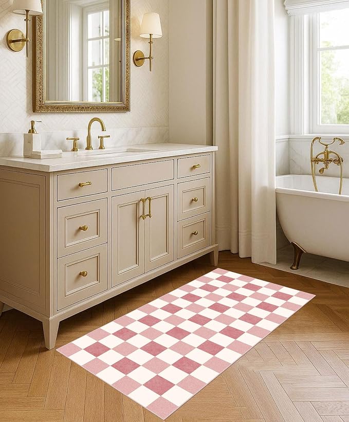 Front Door Mat Indoor Entrance, 2x4.3 Cute Pink White Checkered Rug | Non-Slip - Image 7