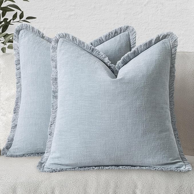 MIULEE Boho Linen Fringe Decorative Throw Pillow Covers Sky Blue 18x18 | Set of - Image 7