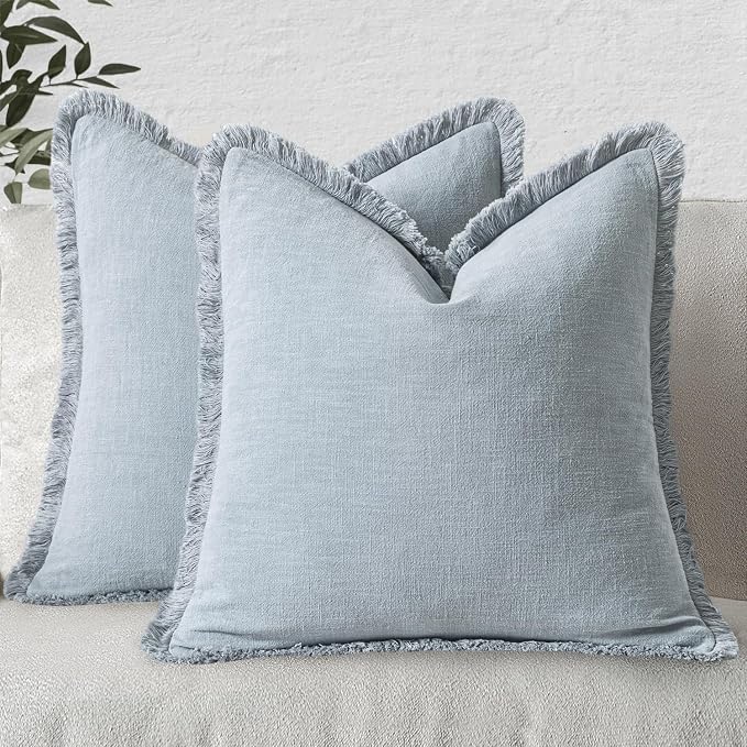 MIULEE Boho Linen Fringe Decorative Throw Pillow Covers Sky Blue 20x20 | Set of - Image 7