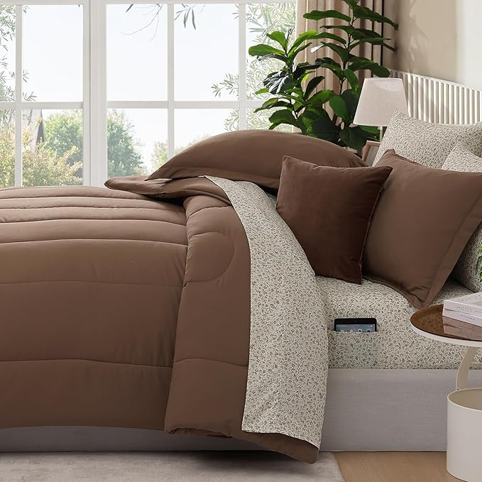 Monbix Full Comforter Set - 7 Pieces Brown Bed in a Bag Full Size Track Stitching Bedding Sets, All Seasons Down Alternative Comforter with Sheets,Pillowcases & Shams