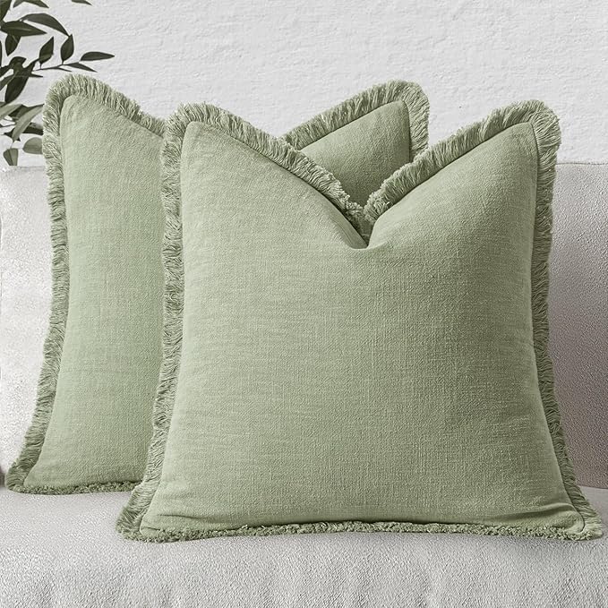 MIULEE Linen Fringe Decorative Euro Throw Pillow Covers Sage Green 26x26 | Set by MIULEE