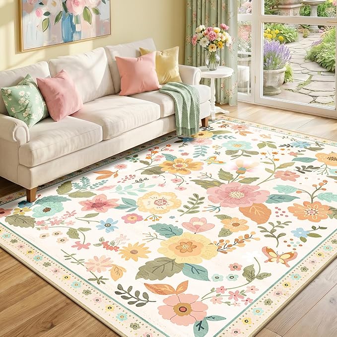 RELEANY Floral Washable 6x9 Area Rugs Beige/White/Orange | Flower Carpet Print by RELEANY