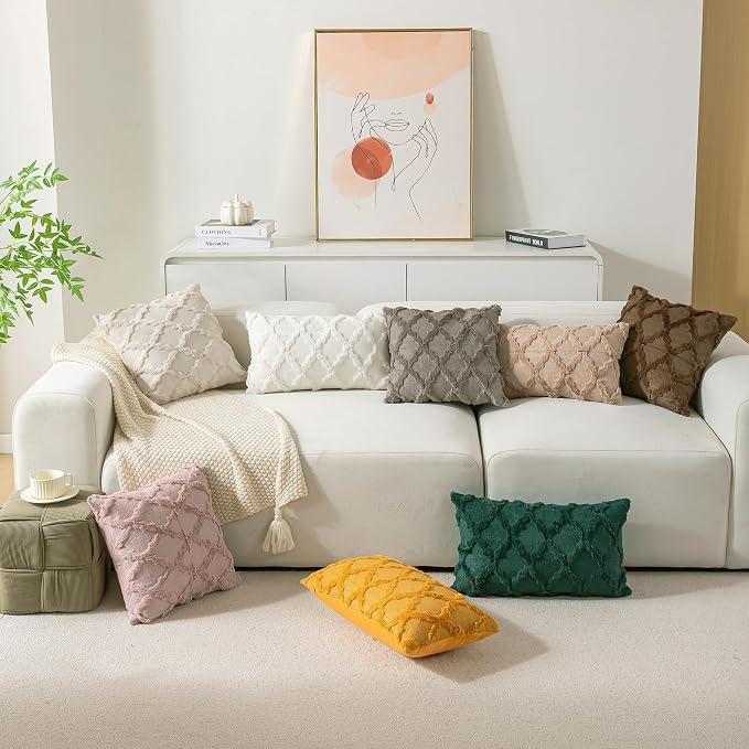 Set of 2 Beige Morrocan Decorative Pillow Covers 26x26 Inch Fluffy Boho Throw - Image 2